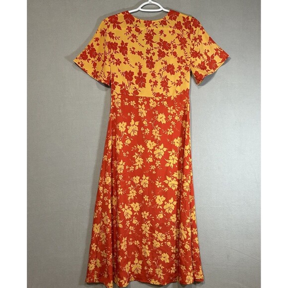Orange Yellow Floral Dress womens XS Button Front V-Neck Cowgirl Cottage Core - Picture 2 of 7